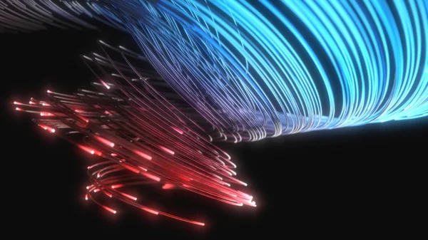 Cordas de fibra óptica azul e vermelha no escuro. ilustração 3d — Fotografia de Stock