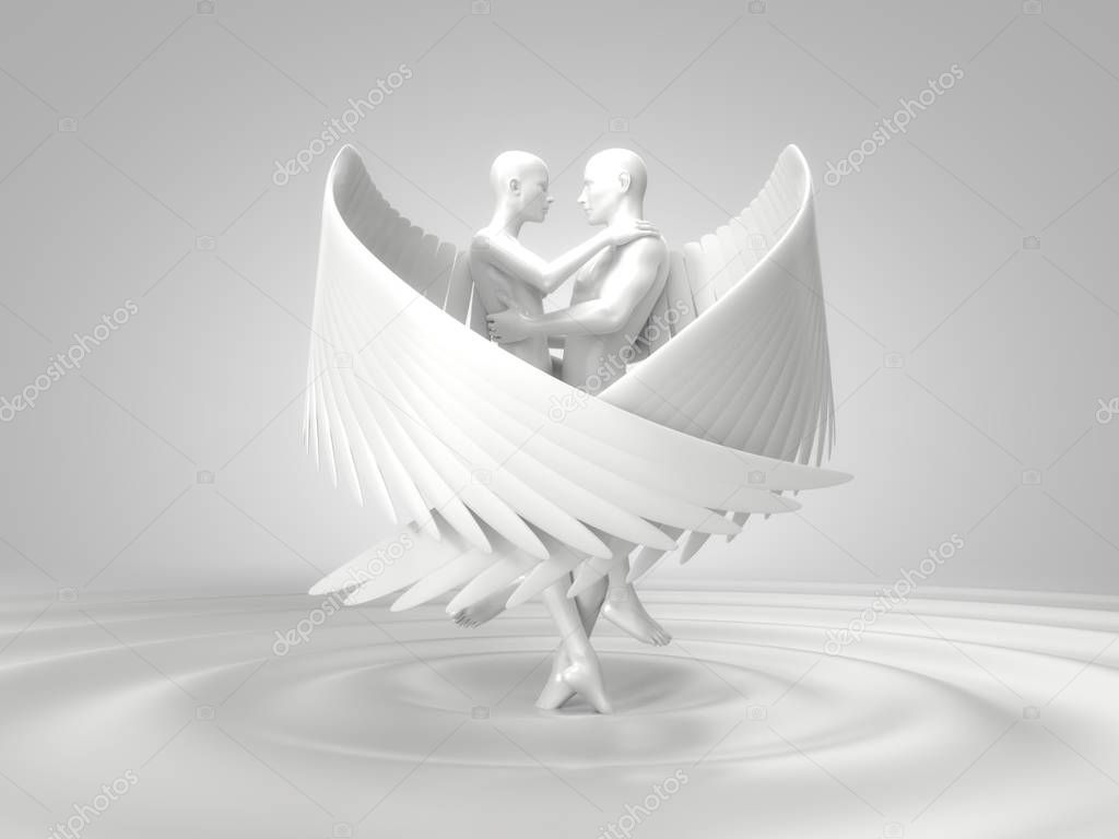 valentines day concept with angelic characters on liquid floor. 3d illustration