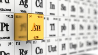 periyodik tablo kavramı ile beyaz küpleri. altın öğe 3d şekil seçiliyken,