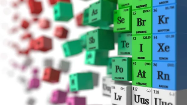 Distorted periodic table concept. cubes colored by element groups. 3d illustration — Stock Photo, Image