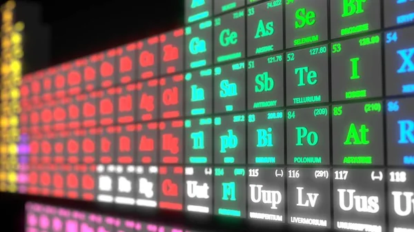 Conceito de tabela periódica com cubos pretos e texto brilhante. ilustração 3d — Fotografia de Stock