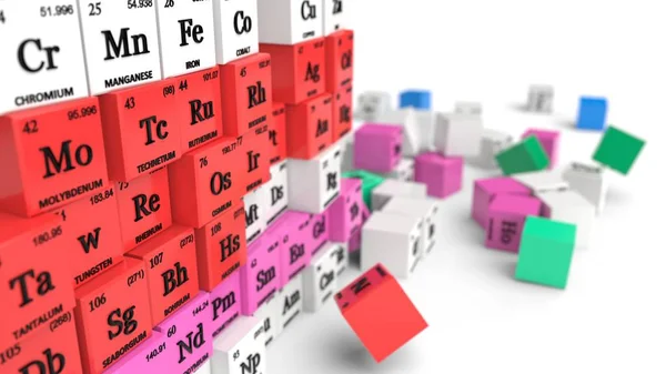 Periodic table concept with fallen cubes. 3d illustration — Stock Photo, Image