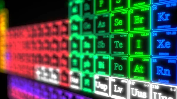 Conceito de tabela periódica com linhas de néon brilhantes. ilustração 3d — Fotografia de Stock