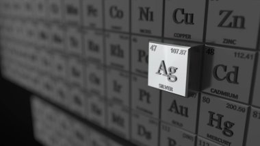 küpleri ile periyodik tablo kavramı. Gümüş öğe seçili. 3D çizim