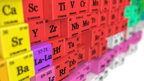 Distorted periodic table concept. cubes colored by element groups. 3d illustration — Stock Photo, Image