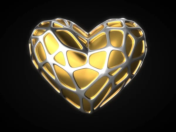 Corazón dorado con marco de plata para el día de San Valentín. ilustración 3d — Foto de Stock