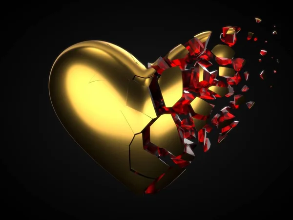 Štěpení a rozpouštění zlaté srdce s červenými cyrstal uvnitř pro valentines den. 3D obrázek — Stock fotografie