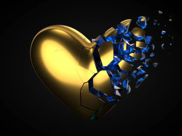 Fracturation et dissolution du cœur doré avec cyrstal bleu à l'intérieur pour la Saint-Valentin. Illustration 3d — Photo