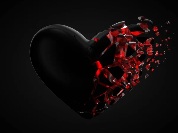Sprickbildning och upplösning mörka hjärta med cyrstal inuti. koncept för alla hjärtans dag. 3D illustration — Stockfoto
