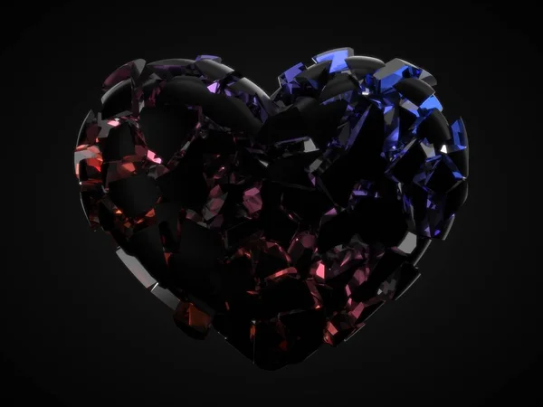 fracturing and dissolving dark heart with cyrstal inside. concept for valentines day. 3d illustration