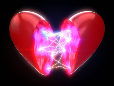 power of love. concept with lightning on heart. 3d illustration