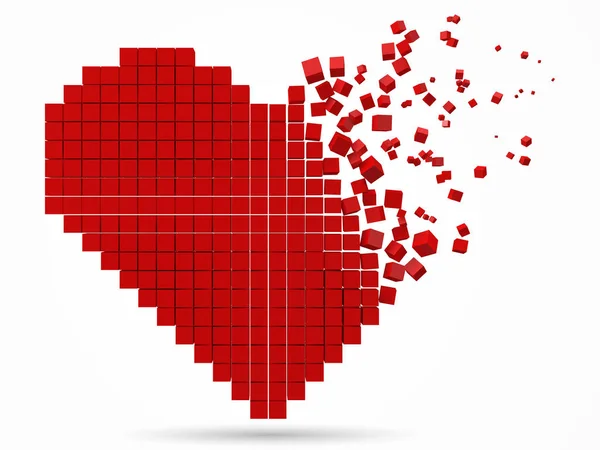 En forma de corazón, disolviendo el bloque de datos. hecho con cubos rojos. 3d pixel estilo vector ilustración . — Vector de stock