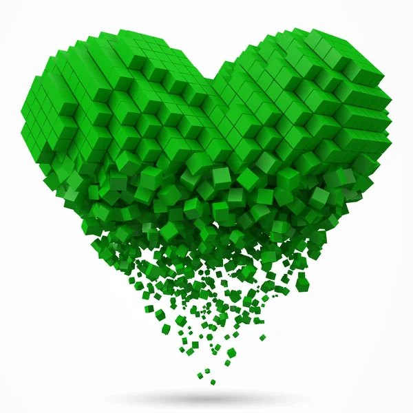 Heart shaped, dissolving data block. made with green cubes. 3d pixel style vector illustration. — Stock Vector