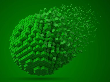 Küresel veri bloğu eriterek. yeşil küpleri ile yaptı. 3D piksel stil vektör çizim.