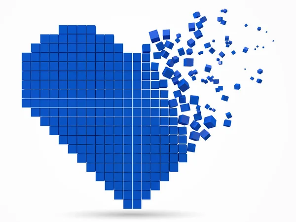 Heart shaped, dissolving data block. made with blue cubes. 3d pixel style vector illustration. — Stock Vector