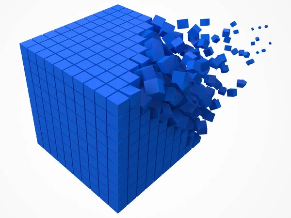Dissolução do bloco de dados. feito com cubos azuis menores. ilustração vetorial estilo pixel 3d . —  Vetores de Stock