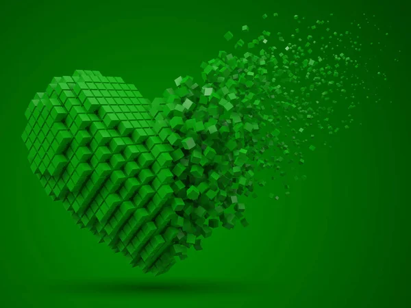 A forma di cuore, blocco dati in dissoluzione. realizzato con cubetti verdi. Illustrazione vettoriale stile pixel 3d . — Vettoriale Stock