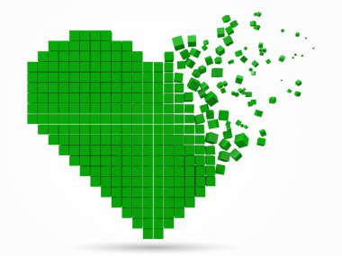 heart shaped, dissolving data block. made with green cubes. 3d pixel style vector illustration.