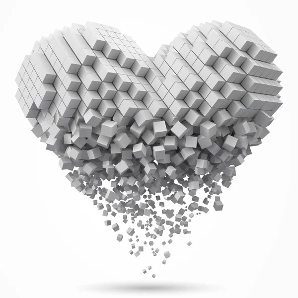 A forma di cuore, blocco dati in dissoluzione. realizzato con cubetti. Illustrazione vettoriale stile pixel 3d . — Vettoriale Stock