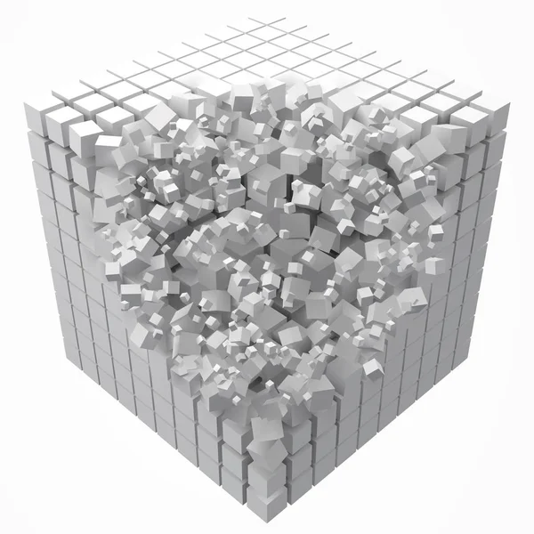 Ontbinding gegevensblok. gemaakt met kleinere witte kubussen. 3D-pixel stijl vectorillustratie. — Stockvector
