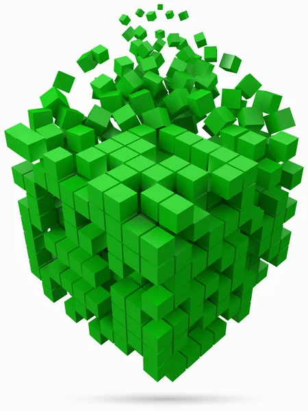 Nagy kocka adat blokk. készült kisebb zöld kockákat. 3D-s pixel stílusú vektoros illusztráció. — Stock Vector