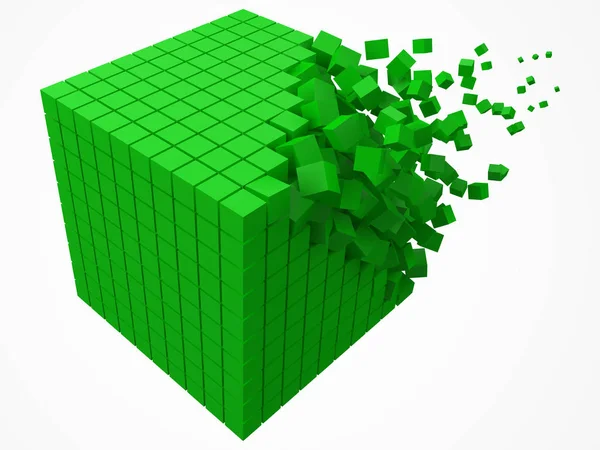 溶解数据块。用较小的绿色立方体制成。3d 像素样式矢量插图. — 图库矢量图片