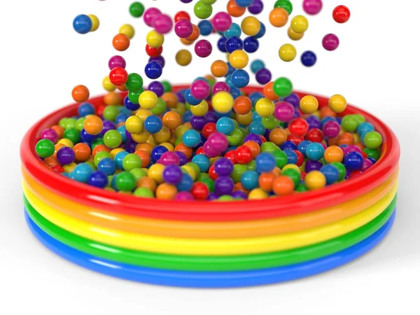 Bolas de plástico preenchendo uma piscina infantil. ilustração 3d — Fotografia de Stock