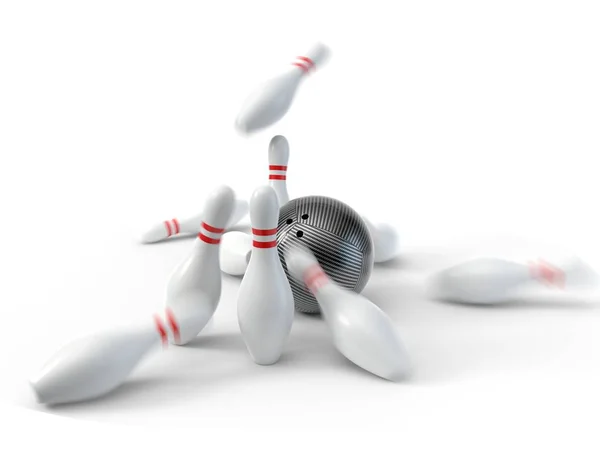 Kolfiber bowlingklot med stift. isolerad på vit bakgrund. 3D-illustration — Stockfoto