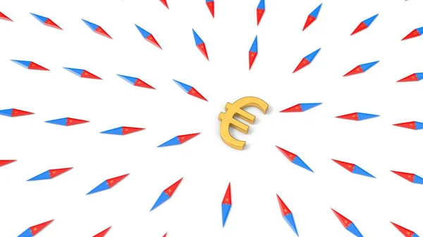 Toutes les boussoles tournées vers l'euro. vue du côté supérieur. Illustration 3d — Photo