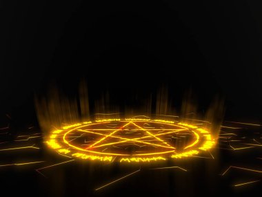 merkezinde pentagram ile daire çağırmak. iblisler aramak için runik kelimeler. karanlıkta parlayan ayrıntılar. 3d illüstrasyon