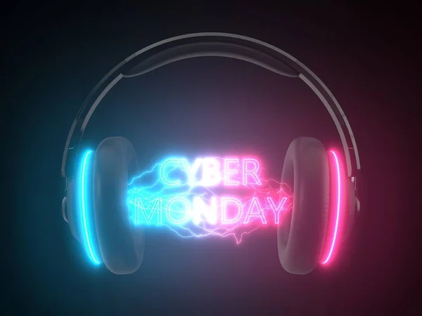 Cyber lunedì concetto con auricolare. testo al neon in archi elettrici. Illustrazione 3d — Foto Stock