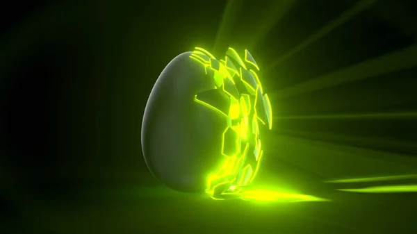 Пасхальное яйцо. чужеродное яйцо с зелеными светящимися трещинами и светлыми лучами . — стоковое фото