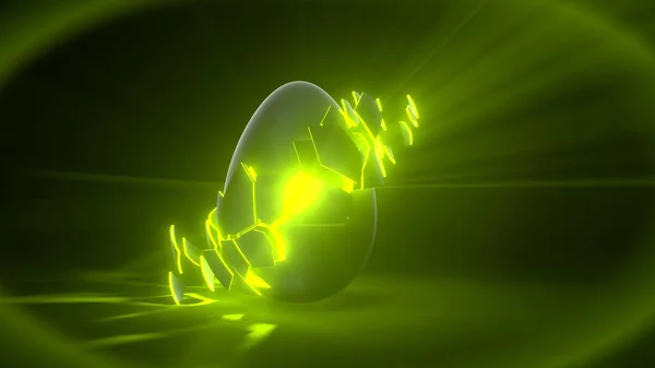 复活节彩蛋。外星蛋与绿色发光的裂缝和光线. — 图库照片#