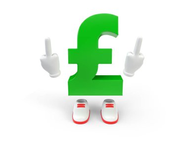 beyaz arka plan üzerinde orta parmak gösteren pound para birimi karakteri. 3d illüstrasyon