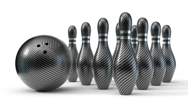 Carbon fiber bowling ball with pins. isolated on white background. 3d illustration — Stock Photo, Image