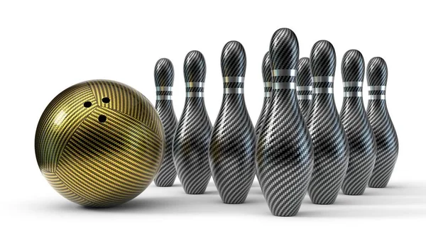 ピンが付いているカーボン繊維のボウリングの球。白い背景に隔離されています。3Dイラスト — ストック写真