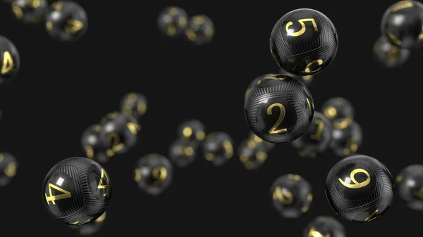 Лотерейные шарики из углеродного волокна с золотыми номерами. 3d иллюстрация — стоковое фото