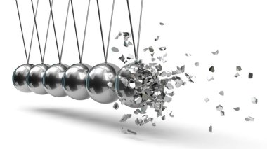 Gümüş toplarla Newton'un Beşiği. kırılma anı. 3d illüstrasyon