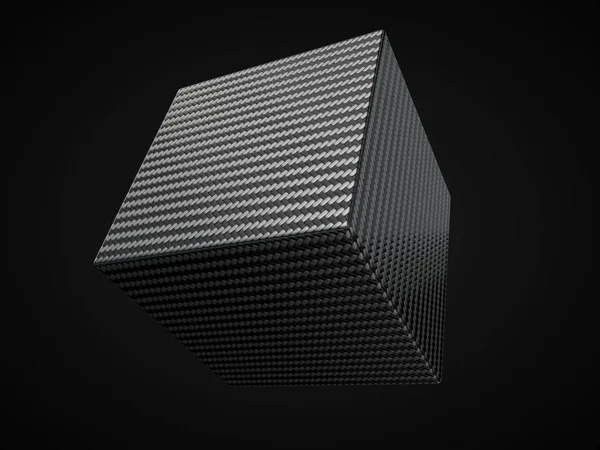 黒い背景に灰色のカーボンファイバーキューブ。3Dイラスト — ストック写真