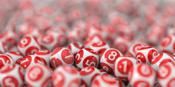 Palline della lotteria bianca con cerchio colorato e numeri bianchi. Illustrazione 3d — Foto Stock