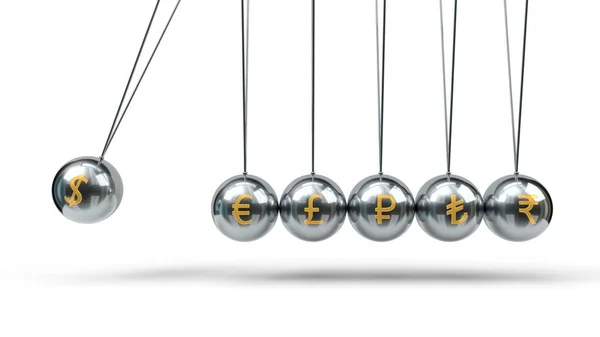 Kołyski Newtona srebrne kule i złote symbole walut. ilustracja 3D — Zdjęcie stockowe