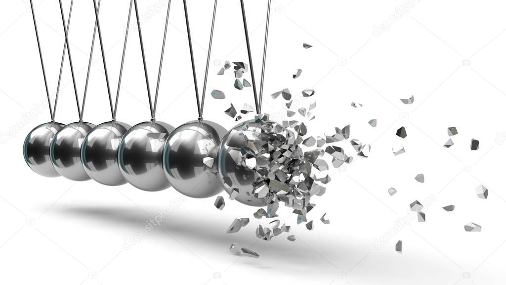 Newton's Cradle with silver balls. breaking moment. 3d illustration