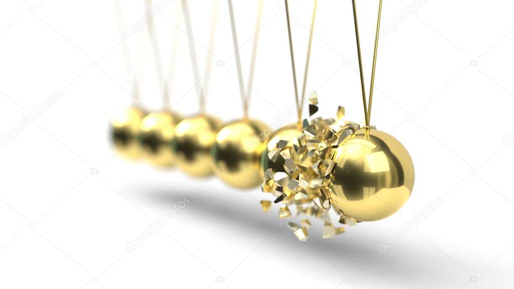 Newton's Cradle with gold balls. breaking moment. 3d illustration