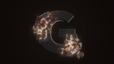 Garip bir şekilde G harfini kırdım. Teknolojik ve mistik bir görünüm içinde parıldayan detaylar. 3d illüstrasyon