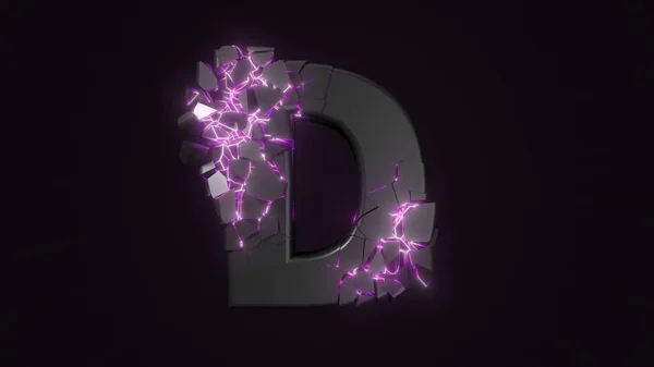 Strangely cracked D letter. technological and mystical look with glowing inside details. 3d illustration — Stock Photo, Image