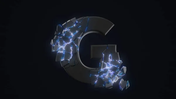 Dziwnie złamana litera G. technologiczny i mistyczny wygląd ze świecącymi wewnętrznymi detalami. Ilustracja 3D — Zdjęcie stockowe