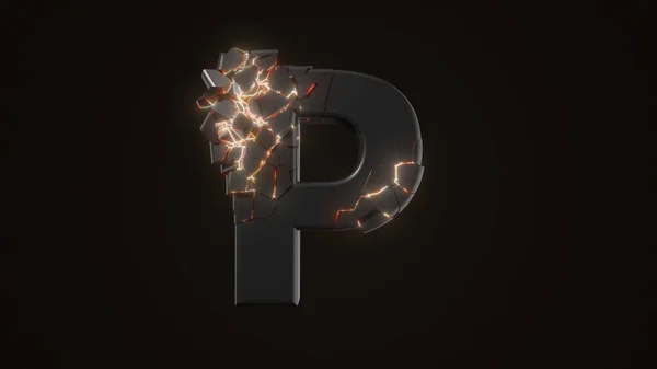 Strangely cracked P letter. technological and mystical look with glowing inside details. 3d illustration — Stock Photo, Image