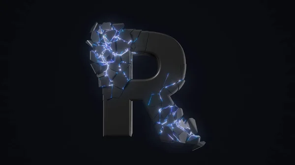 Strangely cracked R letter. technological and mystical look with glowing inside details. 3d illustration — Stock Photo, Image