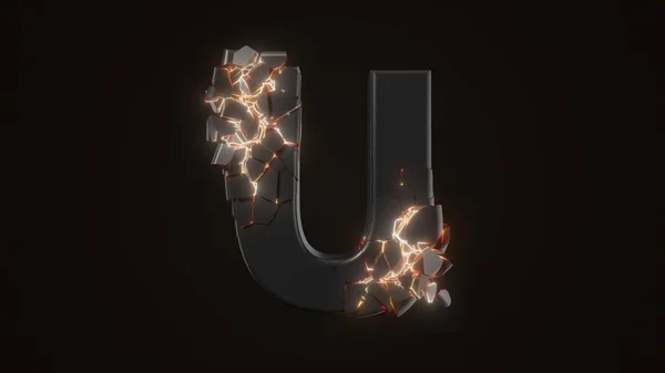 Strangely cracked U letter. technological and mystical look with glowing inside details. 3d illustration — Stock Photo, Image