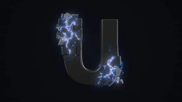 Dziwnie złamana litera U. technologiczny i mistyczny wygląd ze świecącymi wewnętrznymi detalami. Ilustracja 3D — Zdjęcie stockowe